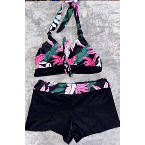 Women Bikini Set with Boy Shorts Swimsuit Small Tropical Print Beach Halter Neck